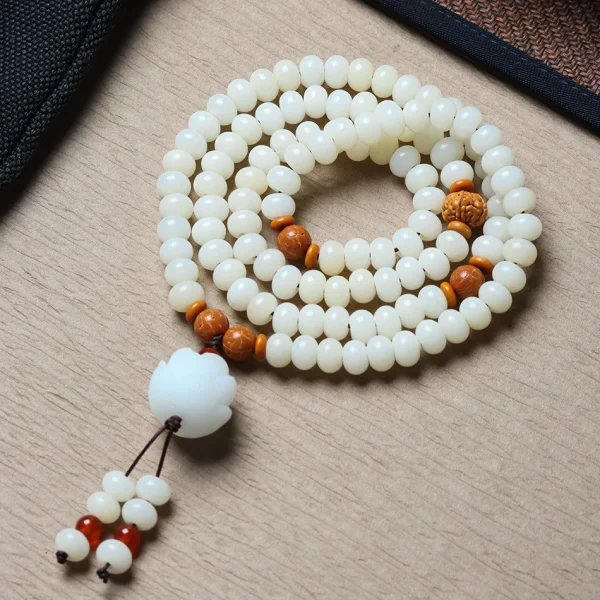 108 Mala Beads White Jade Bodhi Bracelet with Carved Lotus Pendant and Olive Pit Spacers - Image 5