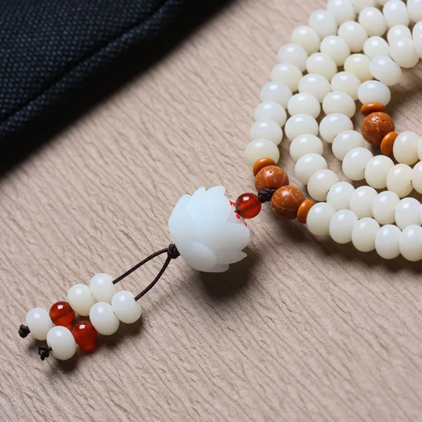 108 Mala Beads White Jade Bodhi Bracelet with Carved Lotus Pendant and Olive Pit Spacers - Image 3