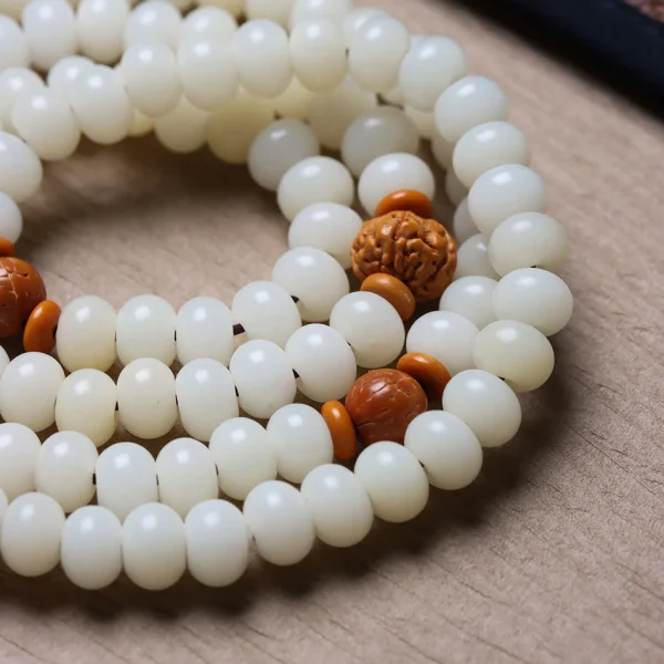 108 Mala Beads White Jade Bodhi Bracelet with Carved Lotus Pendant and Olive Pit Spacers - Image 2