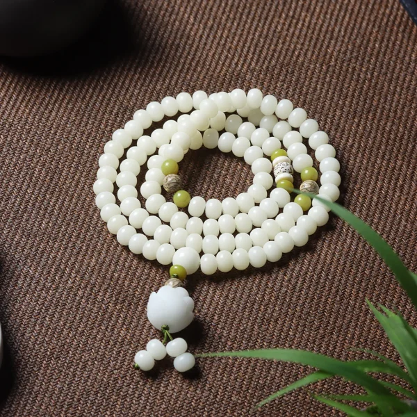 Budhi Luck 108 Mala Beads White Jade Bodhi Bracelet with Five-Layer Lotus Charm - Image 6