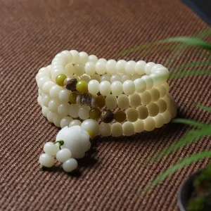 Budhi Luck 108 Mala Beads White Jade Bodhi Bracelet with Five-Layer Lotus Charm