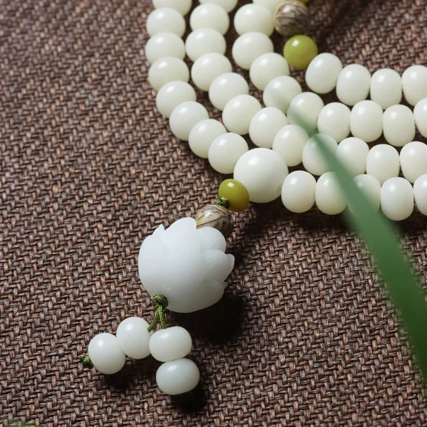 Budhi Luck 108 Mala Beads White Jade Bodhi Bracelet with Five-Layer Lotus Charm - Image 5