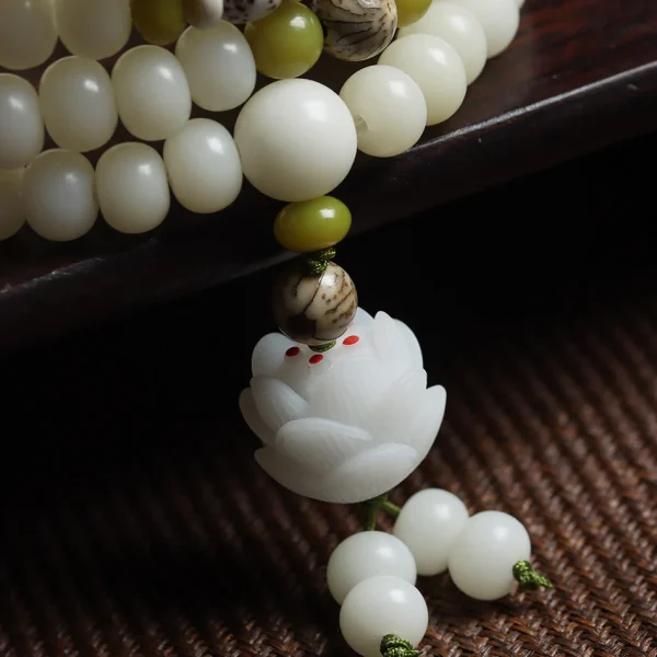 Budhi Luck 108 Mala Beads White Jade Bodhi Bracelet with Five-Layer Lotus Charm - Image 3