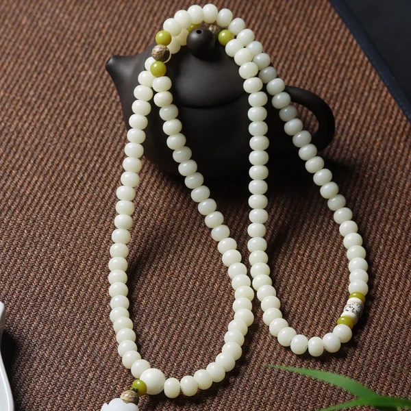 Budhi Luck 108 Mala Beads White Jade Bodhi Bracelet with Five-Layer Lotus Charm - Image 2