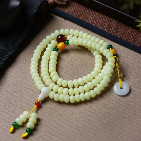 108 Mala Beads for Women Natural Weathered Milky Yellow Bodhi Bracelet with Stone Accents - Image 6