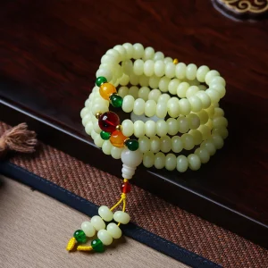 108 Mala Beads for Women Natural Weathered Milky Yellow Bodhi Bracelet with Stone Accents