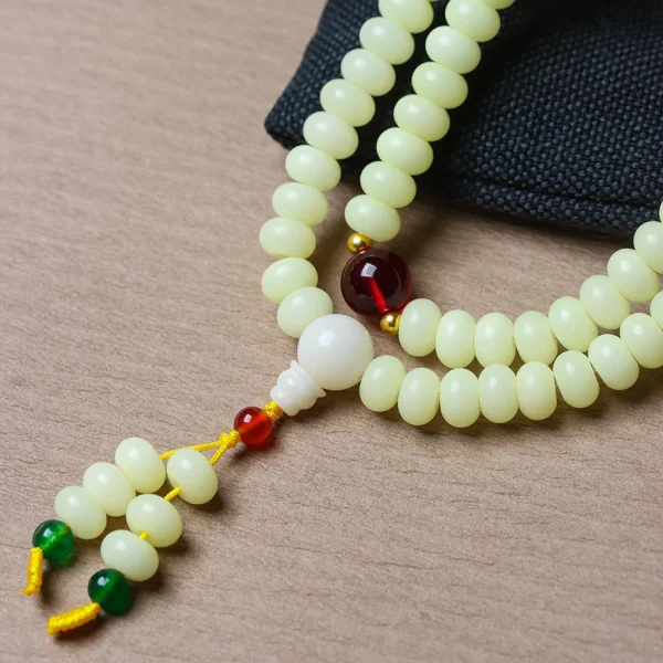 108 Mala Beads for Women Natural Weathered Milky Yellow Bodhi Bracelet with Stone Accents - Image 2