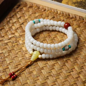 Star and Moon Beads 108 White Jade Bodhi Mala