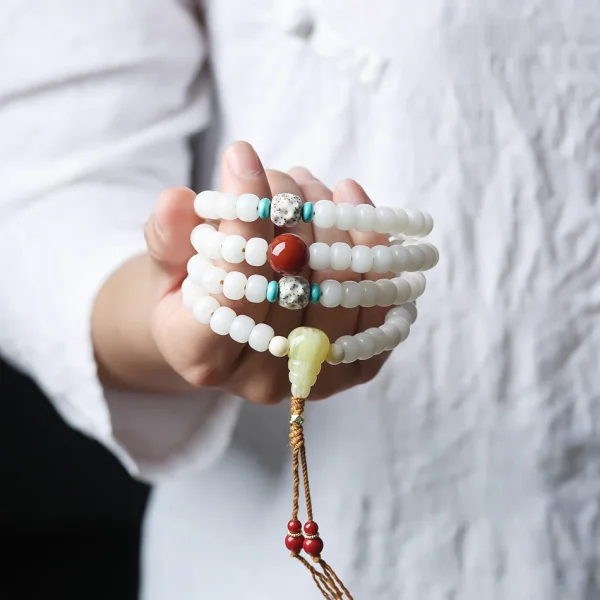 Star and Moon Beads 108 White Jade Bodhi Mala - Image 2