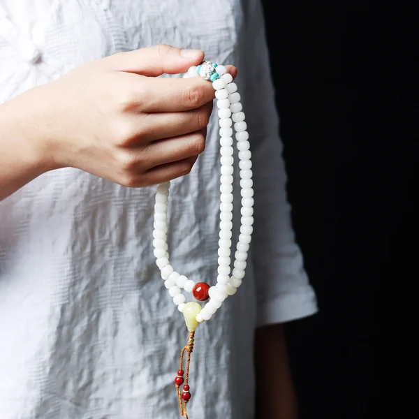 Star and Moon Beads 108 White Jade Bodhi Mala - Image 7