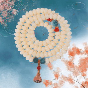 108 Mala Beads White Jade Bodhi Bracelet with Carved Lotus Pendant and Olive Pit Spacers