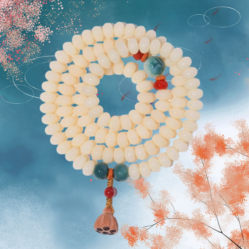 Budhi Luck 108 Mala Beads White Jade Bodhi Bracelet with Five-Layer Lotus Charm - Image 2