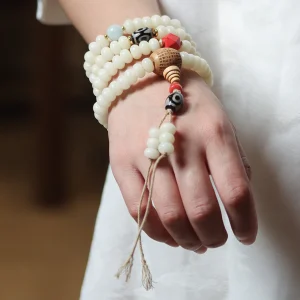 Boxwood Carved Heart Sutra Guru Bead 108 Mala Beads White Jade Bodhi Beads Bracelet