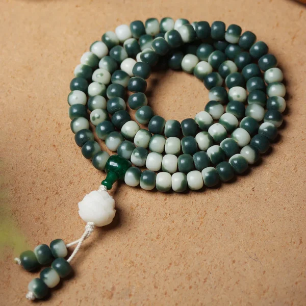 Carved Lotus Pendant 108 Mala Beads Gradient Green Bodhi Bracelet - Image 5