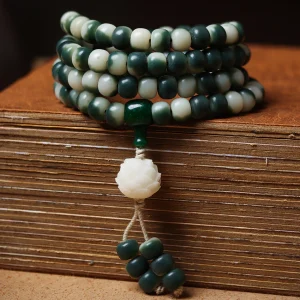 Carved Lotus Pendant 108 Mala Beads Gradient Green Bodhi Bracelet