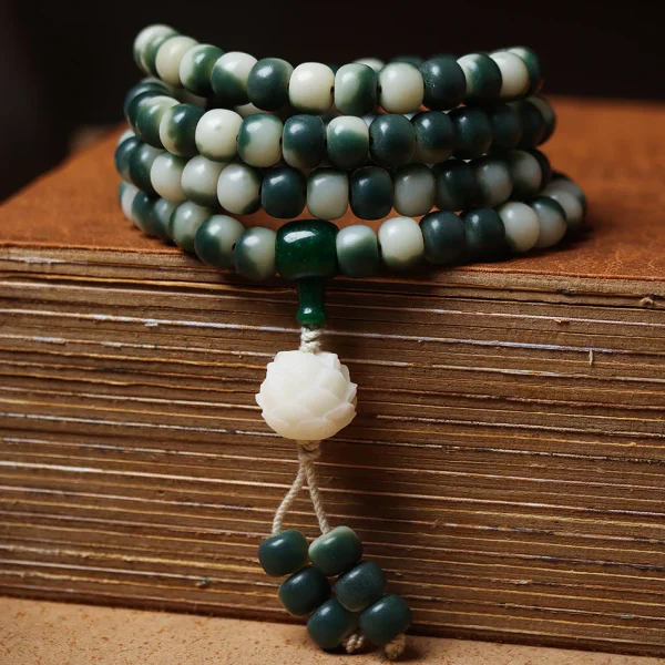 Carved Lotus Pendant 108 Mala Beads Gradient Green Bodhi Bracelet