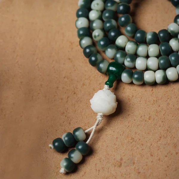 Carved Lotus Pendant 108 Mala Beads Gradient Green Bodhi Bracelet - Image 4