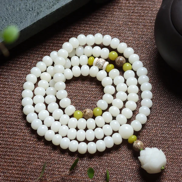 Carved Pine Nut Charm 108 Mala Beads White Jade Bodhi Bracelet - Image 5