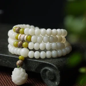Carved Pine Nut Charm 108 Mala Beads White Jade Bodhi Bracelet