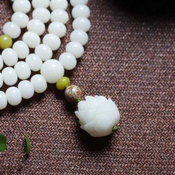 Carved Pine Nut Charm 108 Mala Beads White Jade Bodhi Bracelet - Image 4