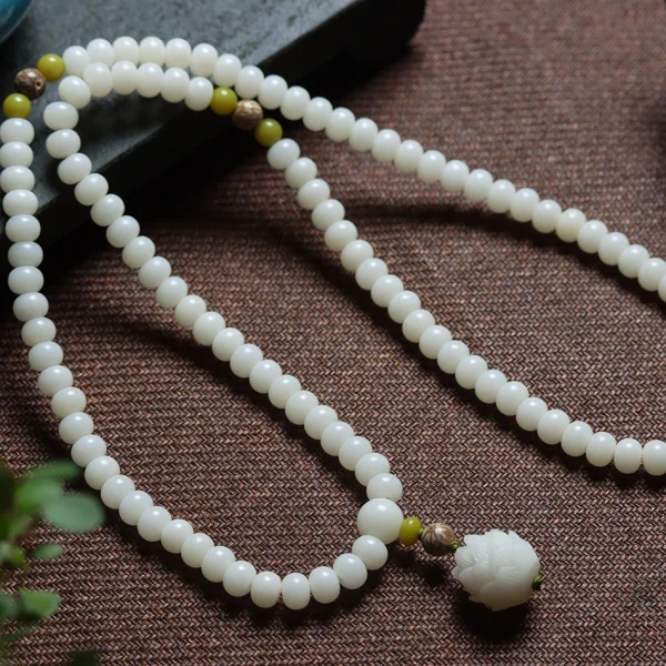 Carved Pine Nut Charm 108 Mala Beads White Jade Bodhi Bracelet - Image 2