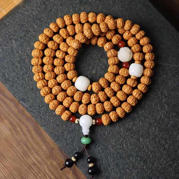Double Dragon Rudraksha 108 Mala Beads Bracelet with Elegant Accents - Image 5