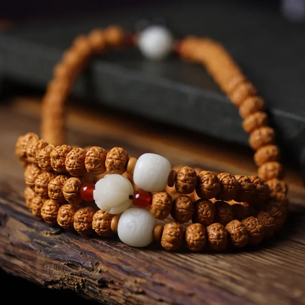 Double Dragon Rudraksha 108 Mala Beads Bracelet with Elegant Accents - Image 3