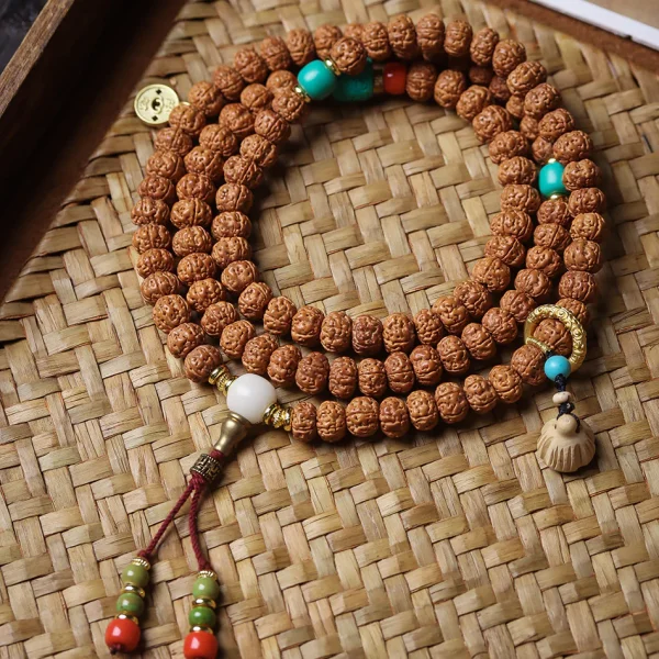 Dragon Vein Exploding Texture Rudraksha 108 Mala Beads Bracelet with Agate Stone Accents