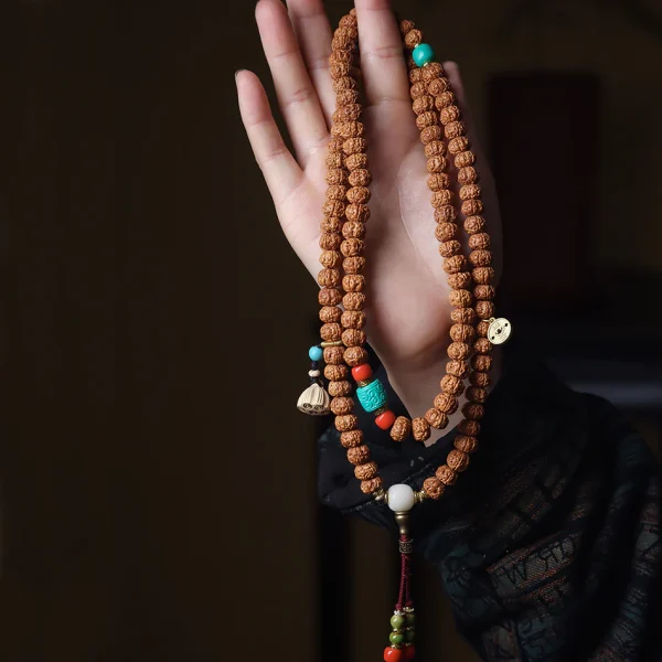 Dragon Vein Exploding Texture Rudraksha 108 Mala Beads Bracelet with Agate Stone Accents - Image 5