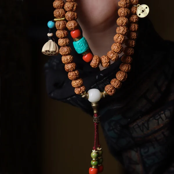 Dragon Vein Exploding Texture Rudraksha 108 Mala Beads Bracelet with Agate Stone Accents - Image 2