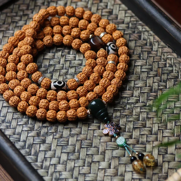 Dragon Vein Exploding Texture Rudraksha 108 Mala Beads Bracelet with Alxa Agate Accents - Image 5