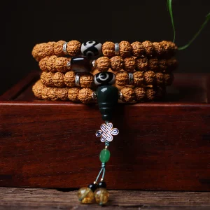 Dragon Vein Exploding Texture Rudraksha 108 Mala Beads Bracelet with Alxa Agate Accents