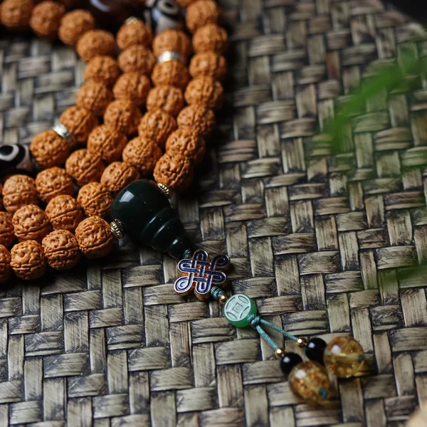 Dragon Vein Exploding Texture Rudraksha 108 Mala Beads Bracelet with Alxa Agate Accents - Image 3