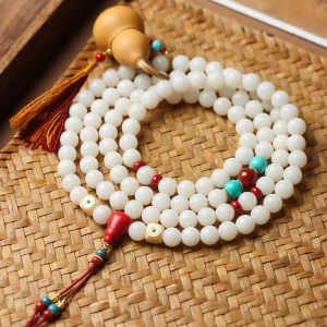 High-Polish White Jade Bodhi 108 Beads Bracelet with Hand-Carved Gourd Charm – Handheld or Crossbody Style