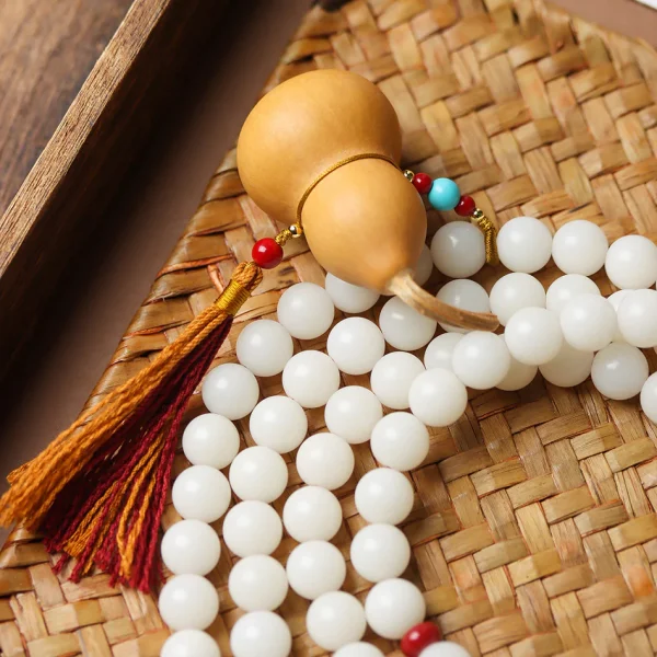 High-Polish White Jade Bodhi 108 Beads Bracelet with Hand-Carved Gourd Charm – Handheld or Crossbody Style - Image 4