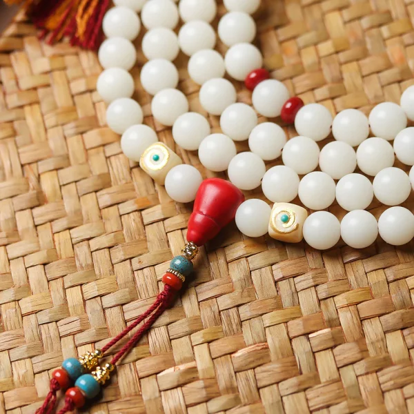 High-Polish White Jade Bodhi 108 Beads Bracelet with Hand-Carved Gourd Charm – Handheld or Crossbody Style - Image 3