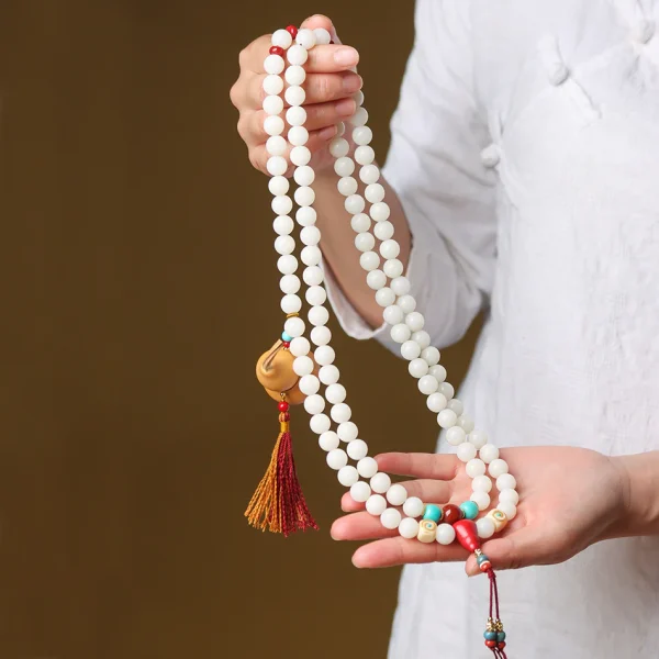 High-Polish White Jade Bodhi 108 Beads Bracelet with Hand-Carved Gourd Charm – Handheld or Crossbody Style - Image 2