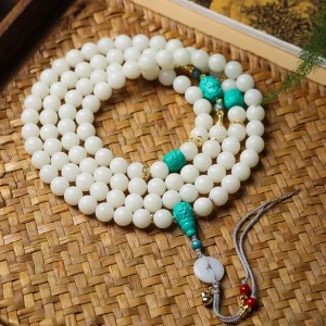 High-Polish White Jade Bodhi 108 Mala Beads Necklace with Turquoise-Look Accents and Safety Buckle – Sweater Chain Crossbody Style