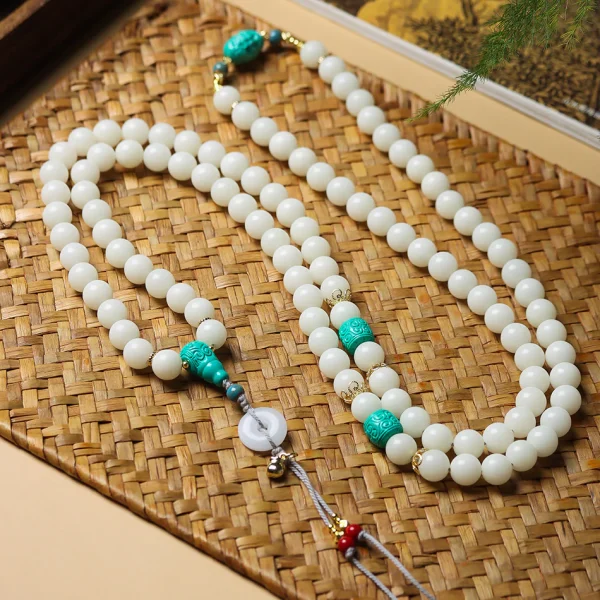 High-Polish White Jade Bodhi 108 Mala Beads Necklace with Turquoise-Look Accents and Safety Buckle – Sweater Chain Crossbody Style - Image 8