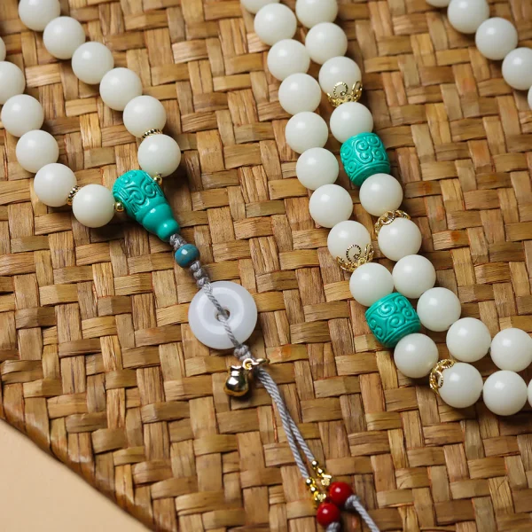 High-Polish White Jade Bodhi 108 Mala Beads Necklace with Turquoise-Look Accents and Safety Buckle – Sweater Chain Crossbody Style - Image 7