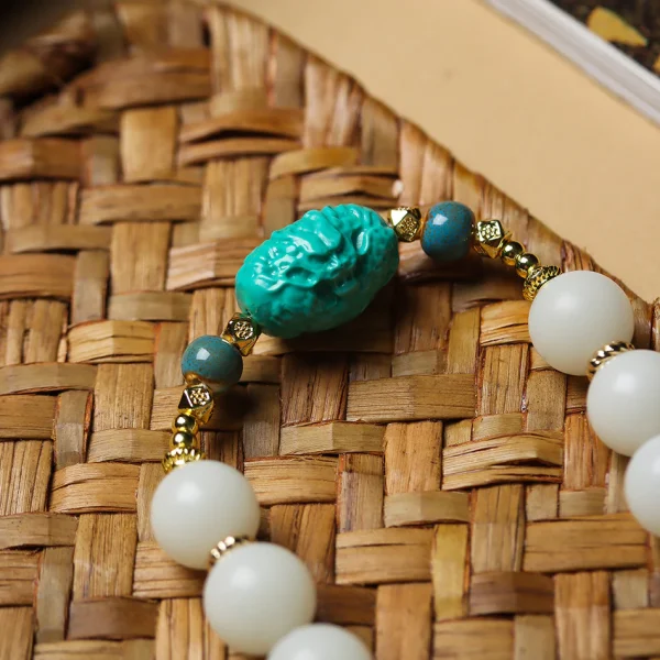 High-Polish White Jade Bodhi 108 Mala Beads Necklace with Turquoise-Look Accents and Safety Buckle – Sweater Chain Crossbody Style - Image 6
