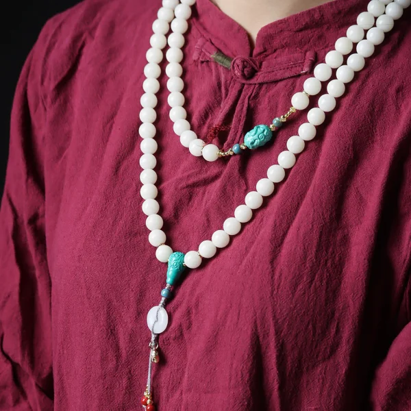 High-Polish White Jade Bodhi 108 Mala Beads Necklace with Turquoise-Look Accents and Safety Buckle – Sweater Chain Crossbody Style - Image 5