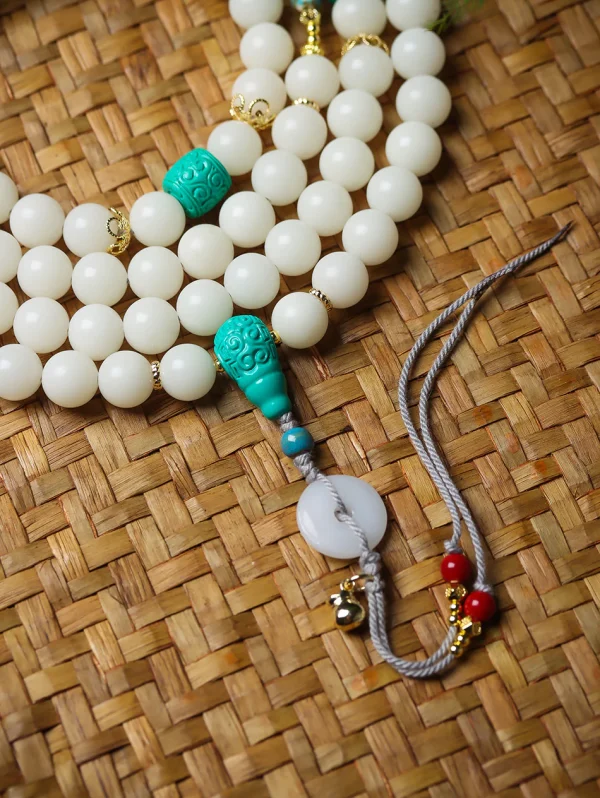 High-Polish White Jade Bodhi 108 Mala Beads Necklace with Turquoise-Look Accents and Safety Buckle – Sweater Chain Crossbody Style - Image 3