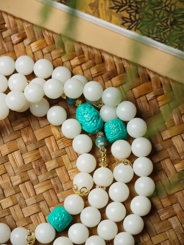 High-Polish White Jade Bodhi 108 Mala Beads Necklace with Turquoise-Look Accents and Safety Buckle – Sweater Chain Crossbody Style - Image 2