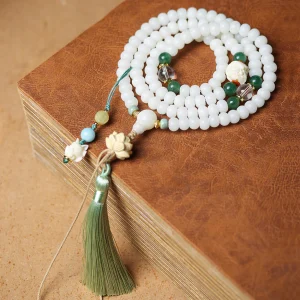 Little Fox Pendant 108 Mala Beads White Jade Bodhi Bracelet