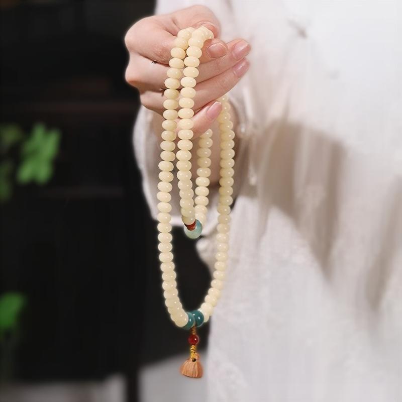 Budhi Luck 108 Mala Beads White Jade Bodhi Bracelet with Five-Layer Lotus Charm - Image 4