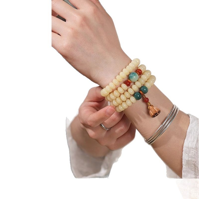 Budhi Luck 108 Mala Beads White Jade Bodhi Bracelet with Five-Layer Lotus Charm - Image 3