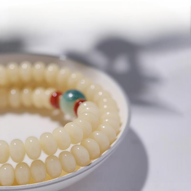 Budhi Luck 108 Mala Beads White Jade Bodhi Bracelet with Five-Layer Lotus Charm
