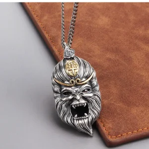 S925 Sterling Silver Sun Wukong Double-Sided Necklace - Buddha and Demon Pendant for Men