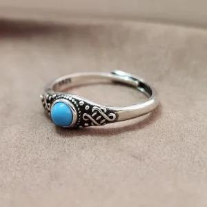 S925 Sterling Silver Vintage Adjustable Agate Turquoise Ring